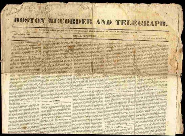 Image For THE BOSTON RECORDER MASSACHUSETTS SEPT 7 1827 VOL XII NO Image For THE BOSTON RECORDER MASSACHUSETTS SEPT 7 1827 VOL XII NO