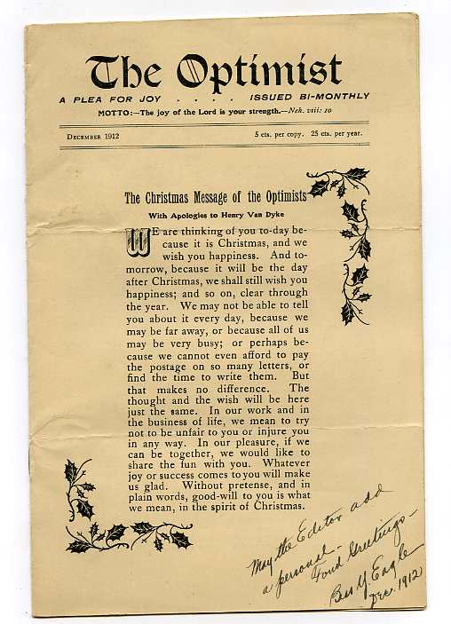 Image for THE OPTIMIST DECEMBER 1912 The Paper of Sunshine (Christmas Issue)