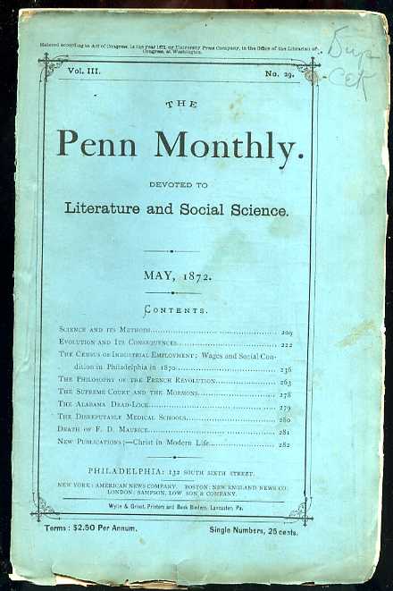 Image for THE PENN MONTHLY NUMBER VOL III NO 29 1872 Devoted to the Literary, Scientific, and Soical Interests of Teh Commonwealth and Teh Nation
