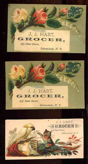 Image for 3 ANTIQUE J J HART GROCER ILLUSTRATED CHROMO ADVERTISING CARDS CIRCA 1880