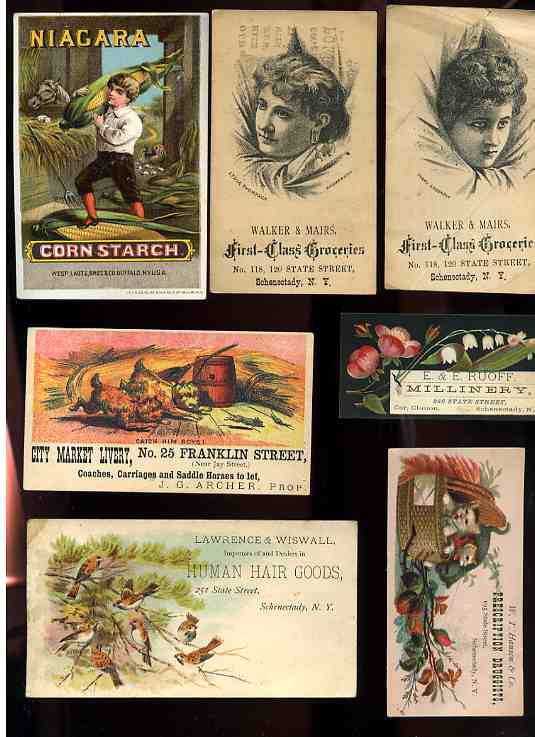 Image for 7 ANTIQUE ADVERTISING CARDS 1880'S LIVERY, DRUGGISTS, MILLINERY, HUMAN HAIR GOODS, NIAGARA CORN STRACH, GROCERIES