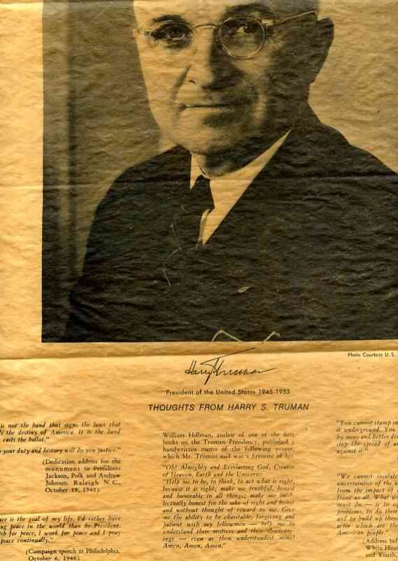 Image for 10X14 PORTRAIT OF HARRY S TRUMAN WITH HIS THOUGHTS Signed in Facsimile on Onion Skin Paper.