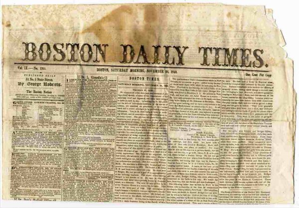 Image for BOSTON DAILY TIMES (NEWSPAPER) NOV 28 1840 Vol IX No. 1365