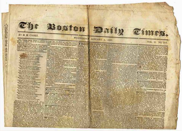Image for THE BOSTON DAILY NEWS (NEWSPAPER) JANUARY 4 1837 Vol II No. 277