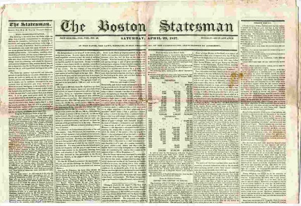 Image for BOSTON STATESMAN (NEWSPAPER) APRIL 29 1837 New Series Vol VIII No 48