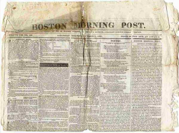 BOSTON MORNING POST (NEWSPAPER) OCTOBER 7, 1837 Vol XIII No 109 Image for BOSTON MORNING POST (NEWSPAPER) OCTOBER 7, 1837 Vol XIII No 109