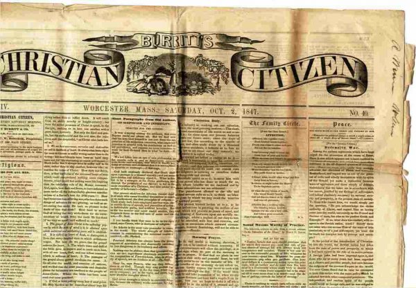 Image for BURRIT'S CHRISTIAN CITIZEN (WORCESTER MASS NEWSPAPER) OCT 2 1847 Vol IV No. 40