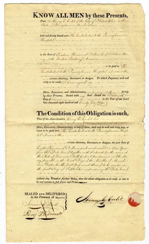 Image for HENRY C. CORBIT 1825 MANUSCRIPT INDENTURE FOR CONTRIBUTION TO PHILADELPHIA HOSPITAL.