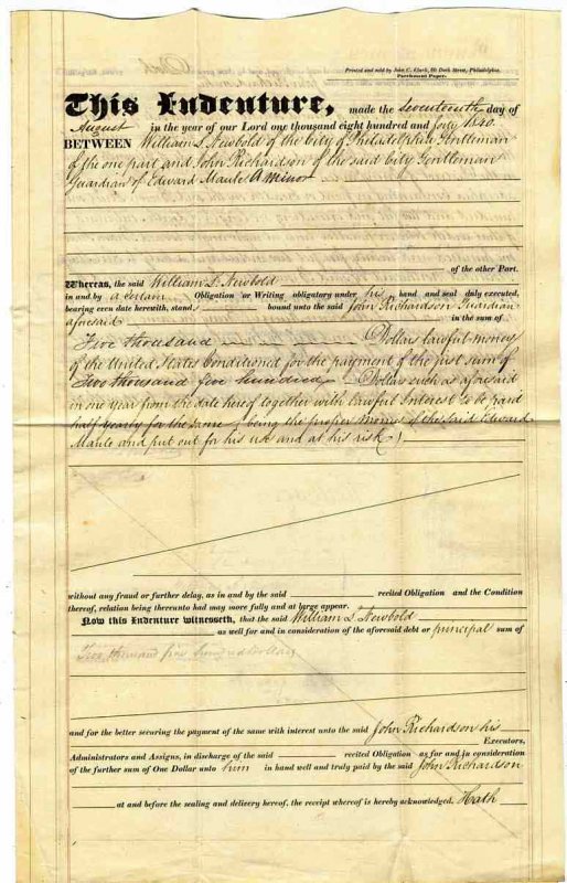 Image for ASSERTION OF UNPAID DEBT 1840. WILLIAM S NEWBOLD AGINST JOHN RICHARDSON AND EDWARD MAULI, PHILADELPHIA PA
