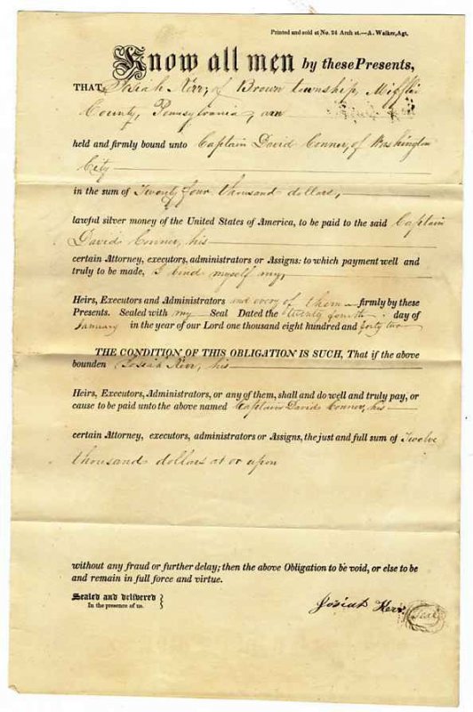 Image for JOSIAH KERR TO CAPTAIN DAVID CONNOR BROWN TOWNSHIP, MIFFLIN PA OBLIGATION NOTE 1842