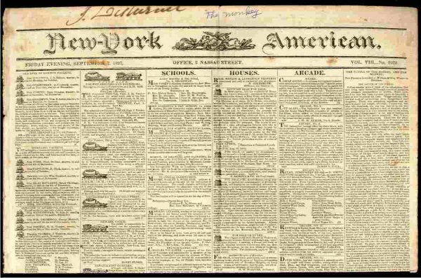 Image for NEW YORK AMERICAN NEWSPAPER SEPTEMBER 7 1827, VOL VIII NO 2288