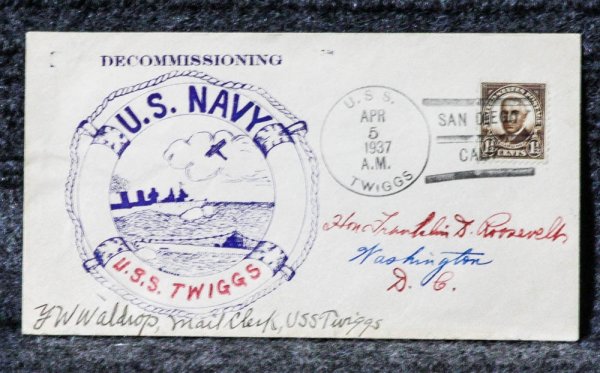 Image for USS TWIGGS DECOMMISSIONING 1937 NAVAL CACHET ADDRESSED TO FRANKLIN D. ROOSEVELT FROM HIS STAMP COLLECTION.