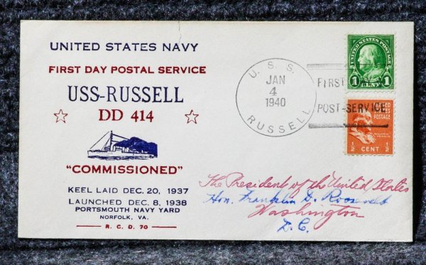 Image for USS RUSSELL NAVAL CACHET ADDRESSED TO FRANKLIN D ROOSEVELT FROM HIS STAMP COLLECTION