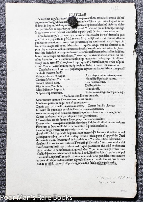 Image for B VENTROS DE VITALIBUS, OPERA, EPISTOLAE, 1498 INCUNABLE LEAF