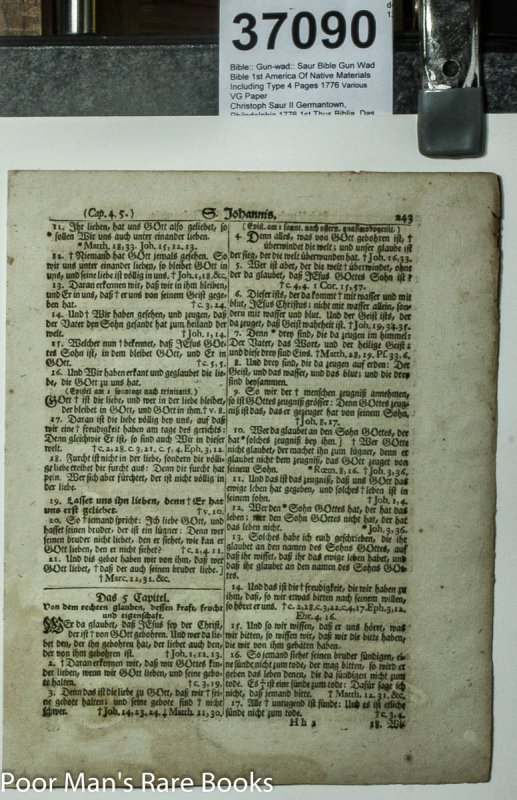 Image for Saur Bible Gun Wad Bible 1st America Of Native Materials Including Type 4 Pages 1776