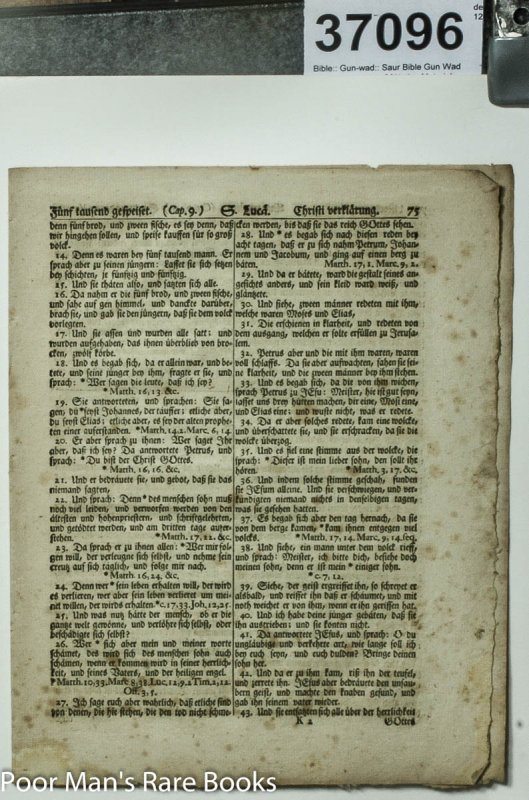 Image for Saur Bible Gun Wad Bible 1st America Of Native Materials Including Type 4 Pages 1776