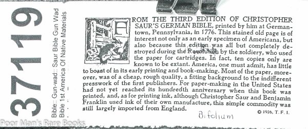 Image for Saur Bible Gun Wad Bible 1st America Of Native Materials Including Type 1776