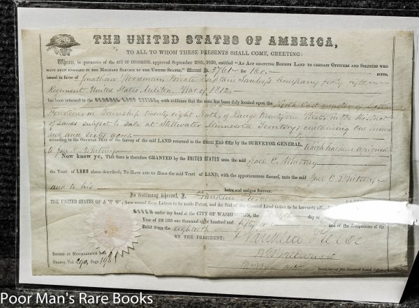 Image for Minnesota Territory Land Grant To War Of 1812 Veteran Secretarial Signature Of Franklin Pierce, President