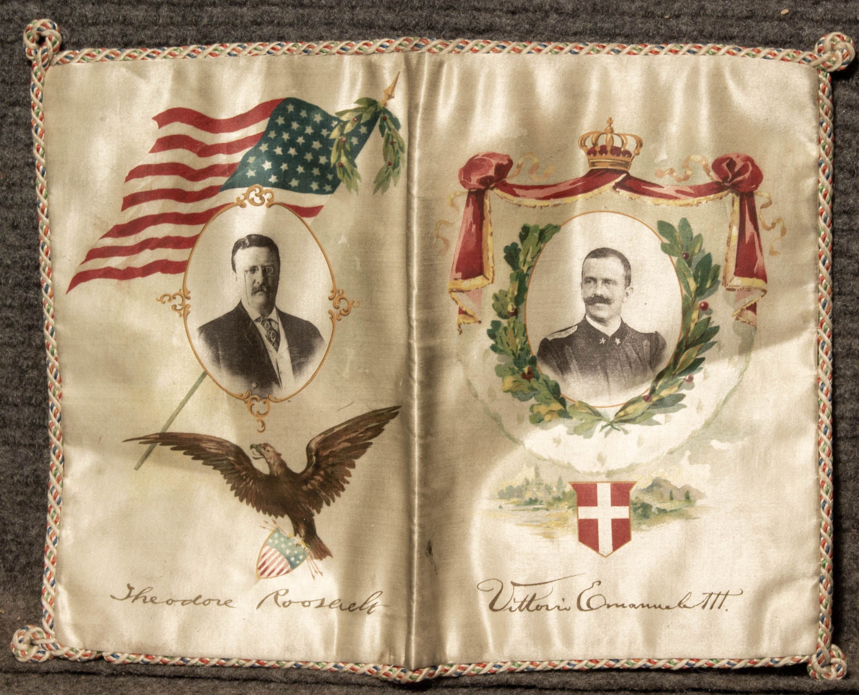 Image for Waldorf Astoria Silk Menu Cover 1908 Picturing Teddy Roosevelt And Vittorio Emanuel III